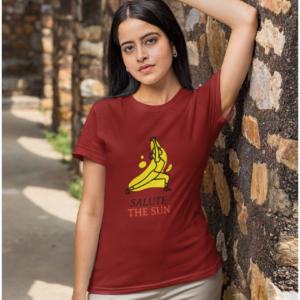 Women Round Neck Maroon Yoga Tshirt