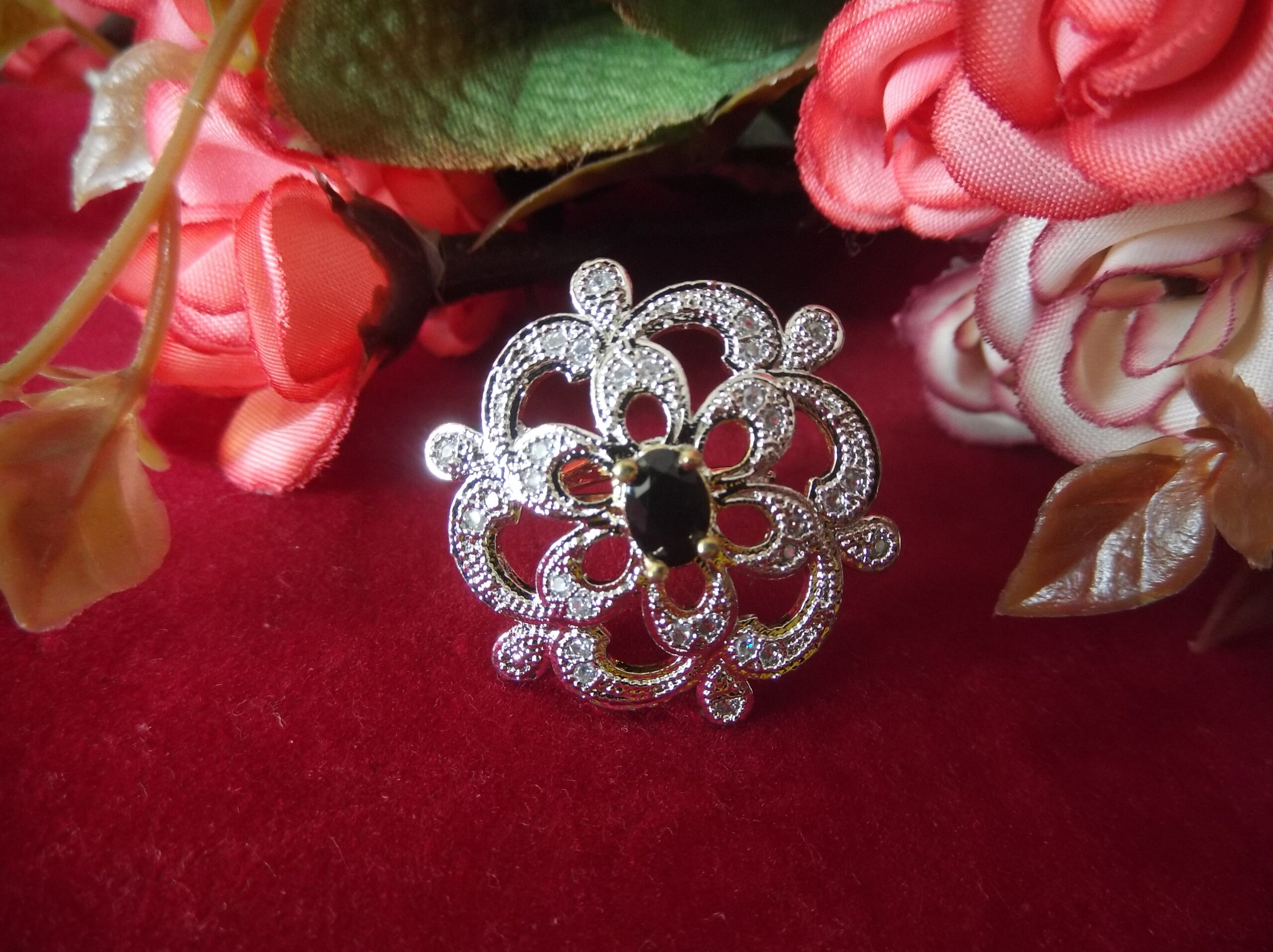 Black Stone Flower Design AD Ring Black stone Flower Design AD Ring